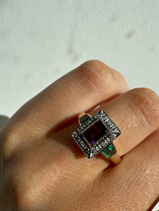 9ct Yellow Gold Vintage Style Earth Grown Emerald Cut Amethyst, Emerald & Diamond Ring
