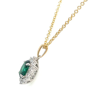 9ct Gold Two Tone Lady Di Style Emerald And Cz Halo Necklace