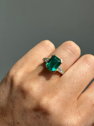 9ct Yellow Gold Laboratory Grown Emerald Cut Emerald Ring With Diamond Set Shoulders