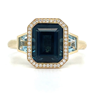 9ct Yellow Gold Earth Grown 3.76ct Emerald Cut London Blue Topaz Halo Ring With Blue Topaz Side Stones
