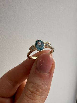 9ct Yellow Gold Milgrain Edge Earth Grown 0.80ct Blue Topaz & 0.10ct Diamond Ring