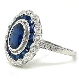 18ct White Gold Earth Grown Oval Sapphire And Diamond Art Deco Style Ring