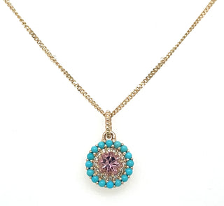 14ct Yellow Gold Earth Grown Pink Tourmaline, Turquoise and Diamond Round Necklace