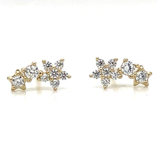 9ct Yellow Gold Flower And Round Cz Stud Earrings