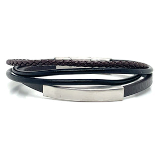 Gents Brown And Black Leather Multi Strand ID Bracelet