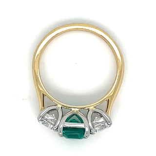 18ct Yellow Gold Laboratory Grown 2.50ct Radiant Cut Emerald and Round Brilliant Three Stone Diamond Ring