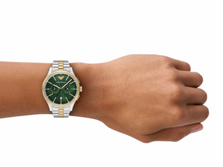 Emporio Armani Chronograph Two Tone Stainless Steel Green Dial Watch