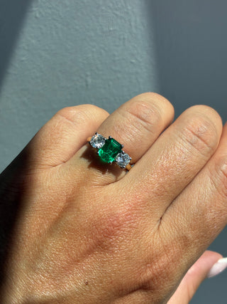 18ct Yellow Gold 1.31ct Laboratory Grown Emerald Cut Emerald & 1ct Round Diamond Three Stone Ring