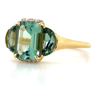 18ct Yellow Gold Earth Grown Emerald & Half Moon Cut Green Tourmaline & Diamond Ring