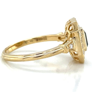 18ct Yellow Gold Emerald Cut Green Tourmaline & Diamond Vintage style Ring
