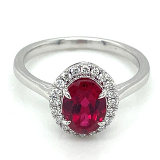 14ct White Gold Laboratory Grown 1.40ct Ruby And 0.15ct Diamond Halo Ring