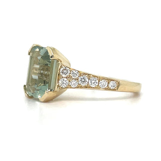 9ct Yellow Gold Earth Grown Emerald Cut Green Amethyst Ring With Diamond Set Shoulders