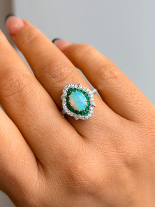 18ct White Gold Earth Grown Opal, Emerald And Diamond Ring