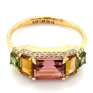 18ct Yellow Gold Pink Tourmaline, Orange Tourmaline, Green Tourmaline & Diamond Ring