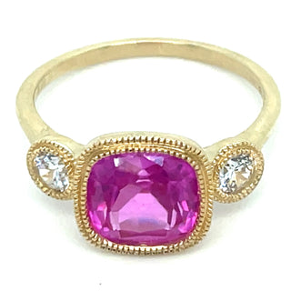 Vintage 9ct Yellow Gold Pink Quartz And Diamond Three Stone Ring With Millgrain Detail