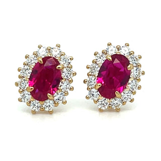 9ct Yellow Gold Lady Di Ruby And Cz Cluster Stud Earrings