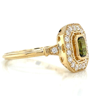 18ct Yellow Gold Emerald Cut Green Tourmaline & Diamond Vintage style Ring
