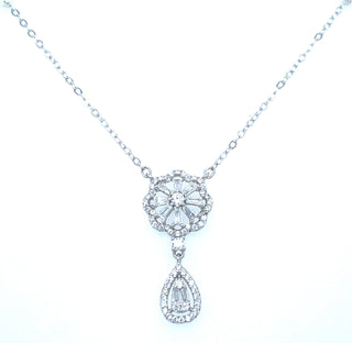 Sterling Silver Cz Flower Necklace With Drop Pear Halo