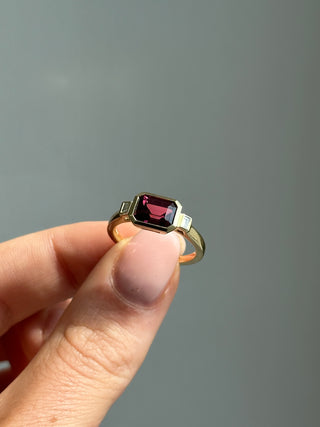 9ct Yellow Gold Earth Grown Horizontal Emerald Cut Rhodolite Garnet And Diamond Ring