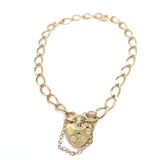 Vintage 9ct Yellow Gold Solid Link Gate Bracelet With Heart Lock And Safety Chain