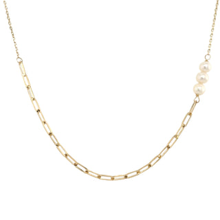 9ct Yellow Gold Paperclip & Pearl Trio Necklace