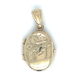 Vintage 9ct Yellow Gold Petite Half Engraved Oval Locket Pendant