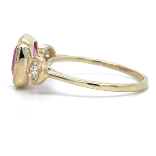 Vintage 9ct Yellow Gold Pink Quartz And Diamond Three Stone Ring With Millgrain Detail