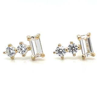 9ct Yellow Gold Baguette And Two Stone Cz Stud Earrings