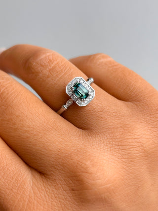 9ct White Gold Earth Grown Emerald Cut 0.60ct Green Tourmaline with White Sapphire & Diamond Vintage Style Ring