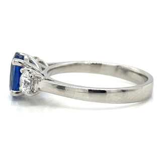 Platinum Earth Grown Oval Ceylon Sapphire With Side Diamonds Three Stone Ring