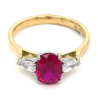 18ct Yellow Gold Laboratory Grown 1.78ct Ruby And 0.31ct Diamond Three Stone Ring