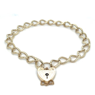 Vintage 9ct Yellow Gold Solid Link Gate Bracelet With Heart Lock And Safety Chain