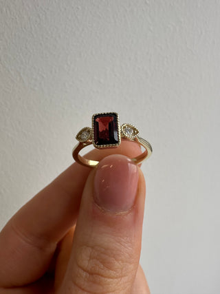 9ct Yellow Gold Milgrain Edge Earth Grown 1.23ct Garnet & 0.10ct Diamond Ring