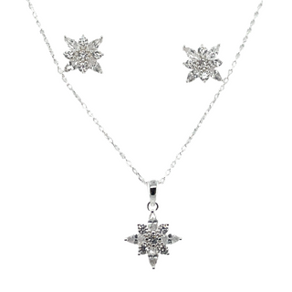 Sterling Silver Floral Cz Pendant And Earring Set