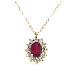 9ct Yellow Gold Earth Grown Oval Ruby & Diamond Cluster Pendant