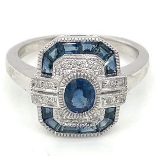 9ct White Gold Earth Grown Sapphire And Diamond Ring With Millgrain Edge