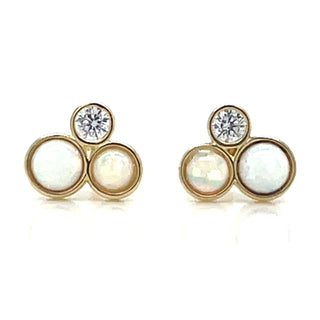 9ct Yellow Gold Round Opal And Cz Stud Earrings