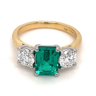 18ct Yellow Gold Laboratory Grown 2.50ct Radiant Cut Emerald and Round Brilliant Three Stone Diamond Ring
