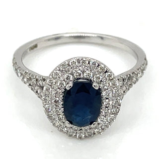 9ct White Gold Earth Grown 1ct Oval Sapphire With Double Diamond Halo Ring