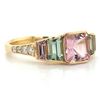 18ct Yellow Gold Earth Grown Pink Tourmaline, Green Tourmaline, Orange Tourmaline & Diamond Ring