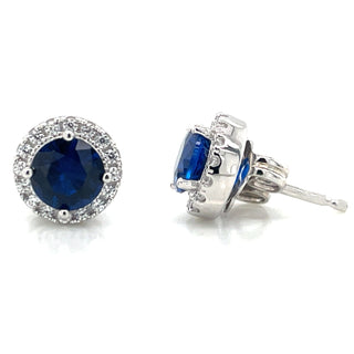 Sterling Silver Sapphire And Cz Halo Stud Earrings