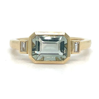 9ct Yellow Gold Earth Grown Horizontal Emerald Cut Green Amethyst And Diamond Ring