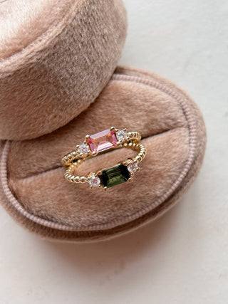 9ct Yellow Gold Horizontal Pink Tourmaline & Diamond Ring