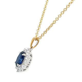 9ct Gold Two Tone Lady Di Style Sapphire And Cz Halo Necklace