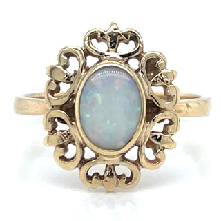 Vintage 9ct Yellow Gold Oval Opal With Detailed Halo Ring