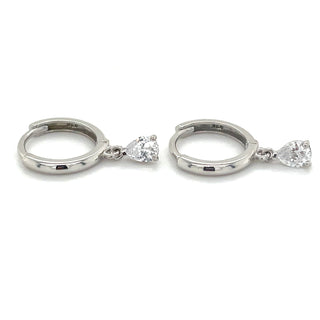 9ct White Gold Clicker Hoops With Pear Cz Drop