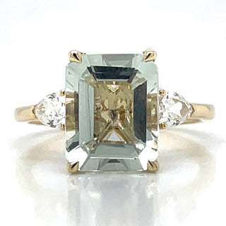 9ct Yellow Gold Earth Grown Green Amethyst and Diamond Ring