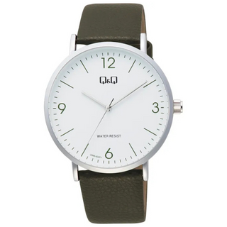 Q & Q Gents Green Leather Strap With White Face Watch