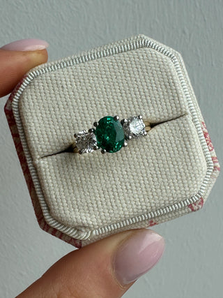 18ct Yellow Gold 1ct Laboratory Grown Oval Emerald And 1ct Round Diamond Three Stone Ring
