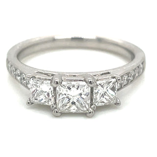Megan Platinum Earth Grown Three Stone Princess Cut with Pave Shoulder Diamond Engagement Ring